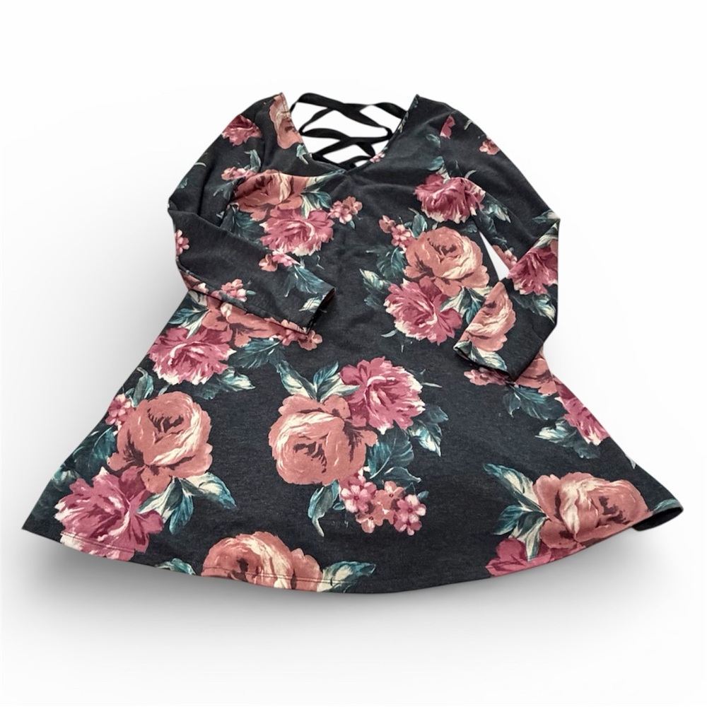 By & By Floral Long Sleeve Dress with Crisscross Back Dark Romance Medium